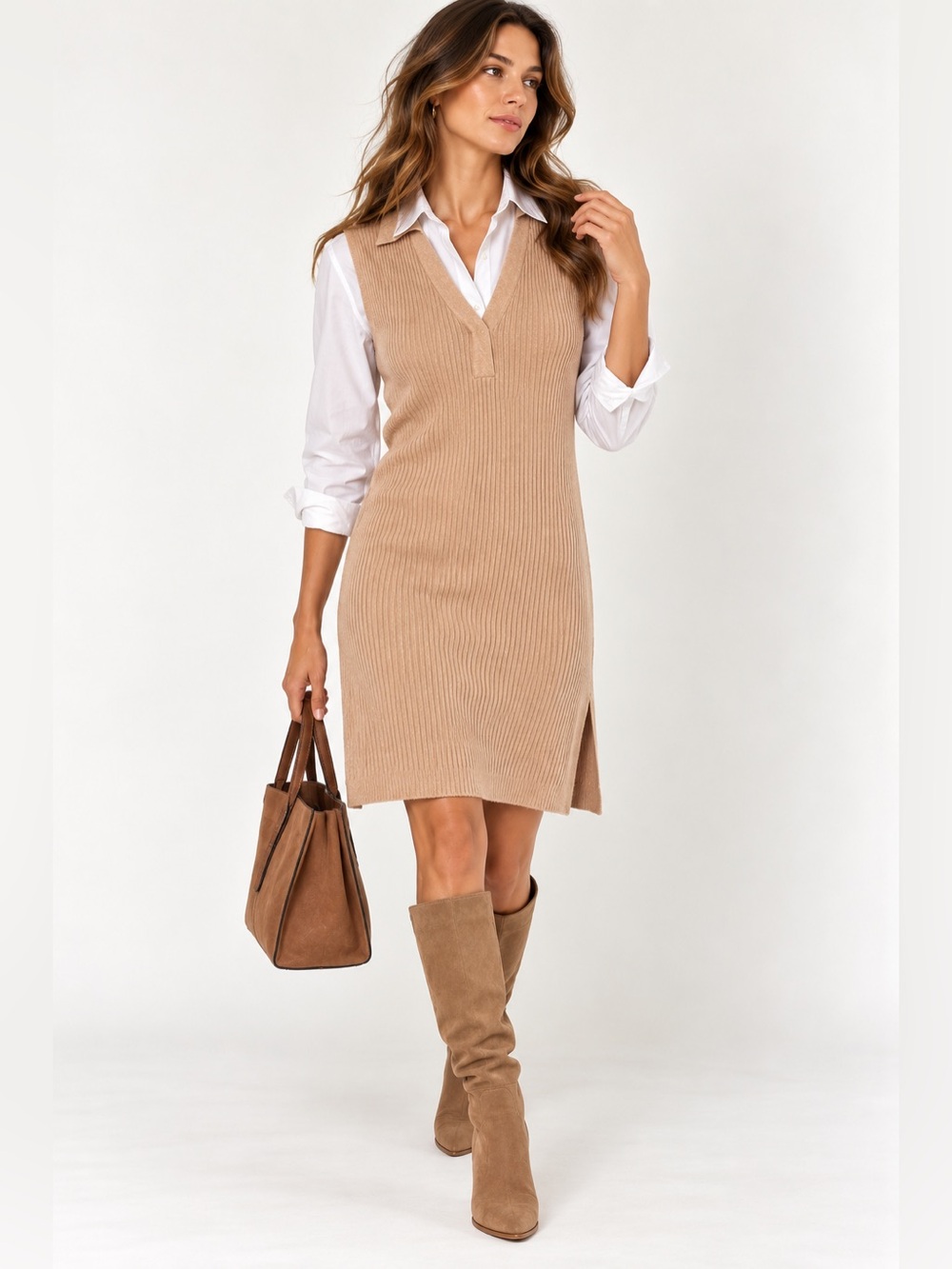 Addition Elle Ribbed Knit Polo Midi Dress Tan Sleeveless 1X Quiet Luxury